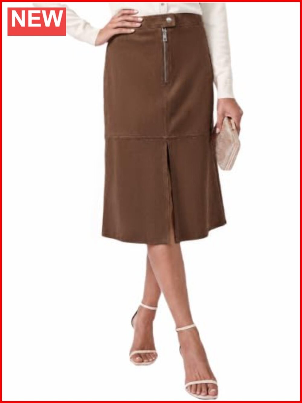 Womens Faux Suede Midi A-Line Skirt High Waist Vintage with Front Zipper